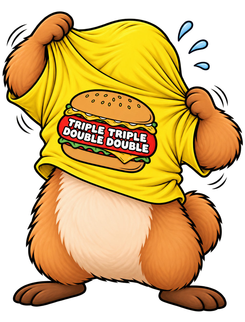Zeichentrickfigur eines Tieres, das sich ein gelbes T-Shirt über den Kopf zieht, sodass nur noch sein Bauch und seine Pfoten zu sehen sind. Auf dem T-Shirt sind ein Burger abgebildet und der Schriftzug „TRIPLE TRIPLE DOUBLE DOUBLE“ zu lesen. Das Tier scheint sich dabei schwer zu tun, daneben sind Schweißtropfen zu sehen.