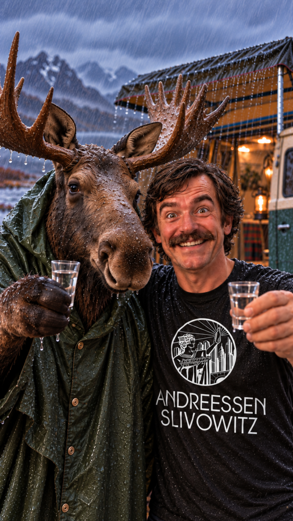 Ein Mann in einem Regenponcho und ein Elch, beide lächelnd, halten an einem regnerischen Tag vor einem Wohnmobil Schnapsgläser hoch. Der Mann trägt ein T-Shirt mit der Aufschrift „ANDREESSEN SLIVOVITZ“. Im Hintergrund sind Berge zu sehen.