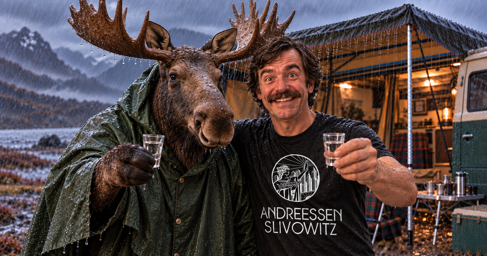 Ein lächelnder Mann und ein Elch in einem Regenmantel stehen gemeinsam im Regen, jeder hält ein Schnapsglas in der Hand; im Hintergrund sind ein Zelt, ein Wohnmobil und Berge zu sehen.