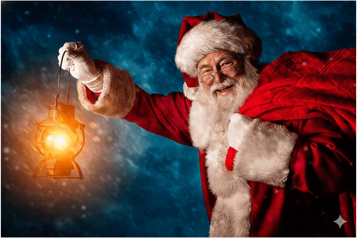 Der Weihnachtsmann, lächelnd und in seinem traditionellen roten Anzug, hält eine leuchtende Laterne in einer Hand und trägt einen großen roten Sack über der Schulter vor einem dunklen, verschneiten blauen Hintergrund.