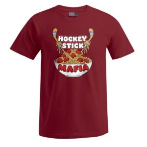 Das „Hockeystick“-Unisex-T-Shirt ist ein rotes T-Shirt, auf dem eine Schüssel Spaghetti mit zwei Hockeyschlägern als Essbesteck abgebildet ist. Über der Schüssel steht der Schriftzug „HOCKEY STICK“ und darunter „MAFIA“.