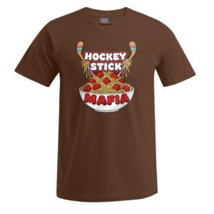 Beschreibung des Unisex-T-Shirts „Hockey Stick“: Braunes Unisex-T-Shirt mit einer Cartoon-Darstellung einer Schüssel Spaghetti mit Fleischbällchen, über der zwei gekreuzte Hockeyschläger zu sehen sind. Über der Illustration steht „Hockey Stick“, und unterhalb der Schüssel ist in roten Buchstaben „Mafia“ zu lesen.