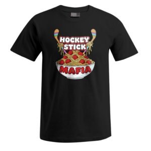 Das „Hockeystick“-Unisex-T-Shirt ist ein schwarzes Shirt, auf dem zwei Hockeyschläger über einer Schüssel Spaghetti mit Fleischbällchen abgebildet sind, wobei oberhalb und unterhalb der Schüssel der Schriftzug „Hockey Stick Mafia“ aufgedruckt ist.