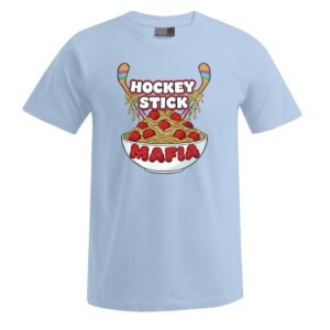 Unisex-T-Shirt „Hockeystick“ in Hellblau mit einer Grafik, die zwei Hockeyschläger zeigt, die Spaghetti über einer Schüssel halten, sowie dem fettgedruckten Schriftzug „Hockey Stick Mafia“ oberhalb und unterhalb des Bildes.