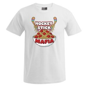 Wir präsentieren das „Hockeystick“-Unisex-T-Shirt: Auf weißem Hintergrund ist eine verspielte Grafik zu sehen, die zwei Hockeyschläger zeigt, die Spaghetti und Fleischbällchen aus einer Schüssel heben. In kräftigen roten Bubble-Buchstaben steht oben „Hockey Stick“ und unten „Mafia“.
