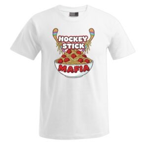 Wir präsentieren das „Hockeystick“-Unisex-T-Shirt: ein weißes T-Shirt, auf dem unter zwei gekreuzten Hockeyschlägern eine Schüssel Spaghetti mit Fleischbällchen zu sehen ist, ergänzt durch den Schriftzug „HOCKEY STICK MAFIA“ in fetten, bunten Buchstaben.