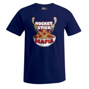 Wir präsentieren das „Hockeystick“-Unisex-T-Shirt: ein marineblaues T-Shirt mit einem Motiv, das zwei über eine Schüssel Spaghetti gekreuzte Hockeyschläger zeigt, wobei oberhalb und unterhalb des Motivs in fetten, bunten Buchstaben „Hockey Stick Mafia“ aufgedruckt ist.