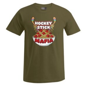 Das „Hockeystick“-Unisex-T-Shirt ist ein olivgrünes T-Shirt mit einem Motiv aus zwei Hockeyschlägern, einer Schüssel Spaghetti mit Fleischbällchen und dem auffälligen Schriftzug „HOCKEY STICK MAFIA“ in weißen und roten Buchstaben.