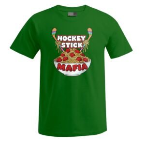 Unisex-T-Shirt „Hockeystick“ in Grün mit einem Motiv, das eine Schüssel Spaghetti mit Fleischbällchen zeigt, flankiert von zwei Hockeyschlägern; darüber und darunter steht in fetter weißer und roter Schrift der Schriftzug „Hockey Stick Mafia“.