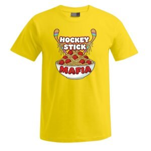 Unisex-T-Shirt mit einem gelben Motiv, das zwei Hockeyschläger zeigt, die Spaghetti über einer Schüssel halten. Darüber steht der Schriftzug „Hockey Stick“, und unterhalb der Schüssel ist „Mafia“ zu lesen.