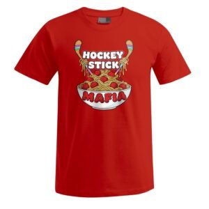 Unisex-T-Shirt „Hockeystick“ in Rot mit einem Motiv, das zwei Hockeyschläger in einer Schüssel mit Spaghetti und Fleischbällchen zeigt; über der Schüssel steht „HOCKEY STICK“ und darunter in fetten Buchstaben „MAFIA“.