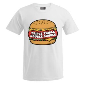 „Triple Triple“ Unisex-T-Shirt in Weiß mit einem Cheeseburger im Cartoon-Stil und dem auffälligen Schriftzug „TRIPLE TRIPLE DOUBLE DOUBLE“ quer über dem Patty.