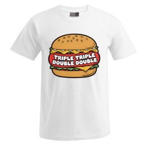 „Triple Triple“ Unisex-T-Shirt mit einem Cartoon-Hamburger mit Käse, Salat und Tomate sowie dem auffälligen Schriftzug „TRIPLE TRIPLE DOUBLE DOUBLE“ quer über dem Patty.