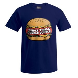 „Triple Triple“ Unisex-T-Shirt in Marineblau mit einem großen Cartoon-Hamburger-Motiv und der Aufschrift „TRIPLE TRIPLE DOUBLE DOUBLE“ in fetten weißen Buchstaben im Inneren des Burgers.