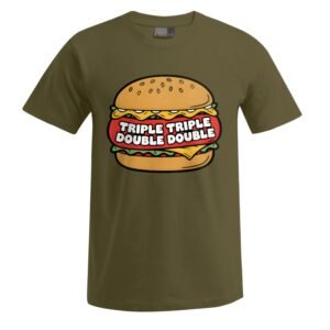 Das „Triple Triple“ Unisex-T-Shirt ist ein olivgrünes T-Shirt mit dem Aufdruck eines Comic-Burgers mit Käse, Salat und Tomate. Der Schriftzug „TRIPLE TRIPLE DOUBLE DOUBLE“ ist im Inneren des Burger-Patties aufgedruckt.