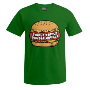 „Triple Triple“ Unisex-T-Shirt in Grün mit einem Cartoon-Cheeseburger, auf dessen Brötchen in weißer Schrift „TRIPLE TRIPLE DOUBLE DOUBLE“ aufgedruckt ist.
