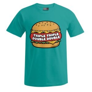 Das „Triple Triple“ Unisex-T-Shirt ist ein blaugrünes T-Shirt mit einem großen Comic-Burger mit Käse und Salat, auf dessen Patty der Schriftzug „TRIPLE TRIPLE DOUBLE DOUBLE“ in fetten weißen Buchstaben zu sehen ist.