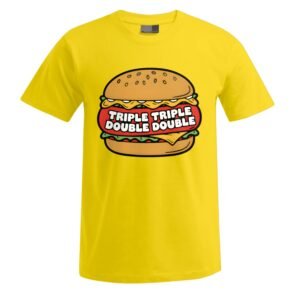 „Triple Triple“-Unisex-T-Shirt in Gelb mit einem Hamburger im Cartoon-Stil, auf dessen Patty der Schriftzug „TRIPLE TRIPLE DOUBLE DOUBLE“ in weißer Schrift groß aufgedruckt ist.
