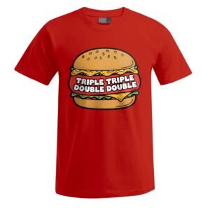 „Triple Triple“ Unisex-T-Shirt in Rot mit einer Cartoon-Burger-Grafik und dem fettgedruckten weißen Schriftzug „TRIPLE TRIPLE DOUBLE DOUBLE“ im Inneren des Burgers.
