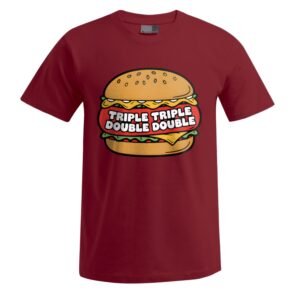 Das „Triple Triple“-Unisex-T-Shirt ist ein weinrotes T-Shirt mit einer Comic-Darstellung eines Hamburgers, auf dessen Patty der Schriftzug „TRIPLE TRIPLE DOUBLE DOUBLE“ in fetten weißen Buchstaben aufgedruckt ist.