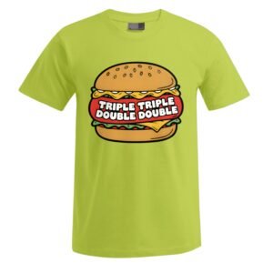 Das „Triple Triple“ Unisex-T-Shirt ist ein limettengrünes T-Shirt mit einem Comic-Hamburger, auf dessen Innenseite in fetten weißen Buchstaben der Schriftzug „TRIPLE TRIPLE DOUBLE DOUBLE“ zu sehen ist.