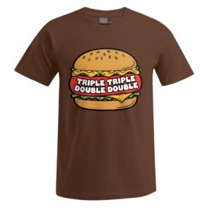 Unisex-T-Shirt „Triple Triple“ in Braun mit einer Cartoon-Grafik eines Burgers mit mehreren Schichten Käse, Salat, Tomate und Fleisch. Der auffällige weiße Schriftzug „TRIPLE TRIPLE DOUBLE DOUBLE“ ist auf der Innenseite des Burgerbrötchens aufgedruckt.