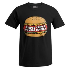 Wir präsentieren das „Triple Triple“ Unisex-T-Shirt – ein schwarzes T-Shirt mit einer Cartoon-Grafik eines Burgers mit mehreren Schichten Käse, Salat und Tomate sowie dem Schriftzug „TRIPLE TRIPLE DOUBLE DOUBLE“ im Inneren des Pattys.
