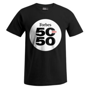 Schwarzes „50 under 50“-Unisex-T-Shirt mit einem großen weißen Kreis auf der Brust und dem Schriftzug „Forbes 50 UNDER 50“ in fetten schwarzen und roten Buchstaben.