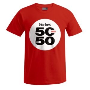 Ein Unisex-T-Shirt mit dem Namen „50 under 50“ in kräftigem Rot, mit einem großen weißen Kreis in der Mitte, auf dem in auffälliger schwarzer und roter Schrift „Forbes 50 UNDER 50“ zu lesen ist.