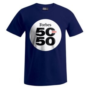 Wir präsentieren das „50 under 50“-Unisex-T-Shirt: ein marineblaues T-Shirt mit einem auffälligen, mittig platzierten weißen Kreis und dem Schriftzug „Forbes 50 UNDER 50“ in markanten schwarzen und roten Buchstaben auf der Vorderseite.