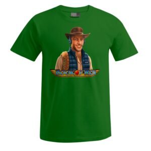 „Book of ROI“-Unisex-T-Shirt in Grün, auf dem ein lächelnder Mann mit Hut und Weste zu sehen ist, der ein Seil hält; unter ihm steht der Schriftzug „Book of Ra“, verziert mit stilisierten Flügeln und einem roten Sonnenemblem.