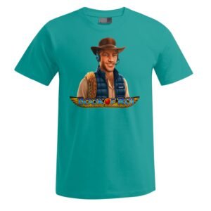 „Book of ROI“-Unisex-T-Shirt in Türkis, auf dem ein lächelnder Mann mit braunem Hut und blauer Weste zu sehen ist, der ein Seil über der Schulter trägt; darunter befindet sich das „Book of ROI“-Logo mit Flügeln im ägyptischen Stil.