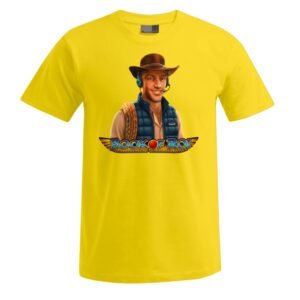 Leuchtend gelbes „Book of ROI“-Unisex-T-Shirt mit der Abbildung eines lächelnden Mannes mit braunem Hut und blauer Weste über dem Schriftzug „Book of Ra“ sowie einem geflügelten Emblem im ägyptischen Stil.
