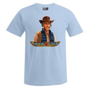 Hellblaues Unisex-T-Shirt mit der Abbildung eines Mannes in Cowboyhut und Weste, der ein Seil in der Hand hält, über dem Schriftzug „Book of ROI“, eingerahmt von goldenen Flügeln.
