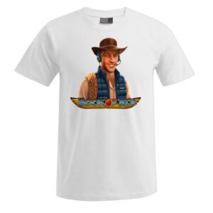 „Book of ROI“ Unisex-T-Shirt: Weißes T-Shirt mit der Abbildung eines Abenteurers mit braunem Hut und Weste, der ein Seil in der Hand hält, sowie dem Schriftzug „Book of ROI“ und einem Motiv im ägyptischen Stil unterhalb der Figur.