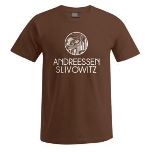 Schwarzes T-Shirt mit einer weißen, kreisförmigen Grafik über dem Schriftzug „ANDREESSEN SLIVOWITZ“. Die Grafik zeigt ein stilisiertes Gesicht und abstrakte Formen, die an Gebäude erinnern. Produktname: VC Stamperl Unisex-T-Shirt – Schwarz.