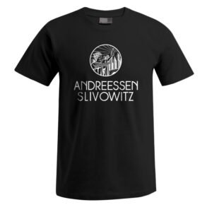 Schwarzes „VC Stamperl Unisex-T-Shirt“ mit einer weißen, kreisförmigen Grafik, die ein stilisiertes Gesicht und Landschaftselemente über dem Schriftzug „ANDREESSEN SLIVOWITZ“ in Großbuchstaben zeigt.