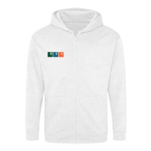 Der DSC Zip-Hoodie Classic ist ein weißer Kapuzenpullover mit Reißverschluss, der über eine Kapuze, Fronttaschen sowie kleine grüne, blaue und orangefarbene Felder mit den Buchstaben D, S und C auf der linken Brust verfügt.