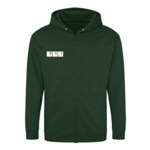 Der DSC Zip-Hoodie Classic ist ein dunkelgrüner Kapuzenpullover mit Reißverschluss, zwei Vordertaschen und einem kleinen weißen „DSC“-Schriftzug auf der linken Brust.