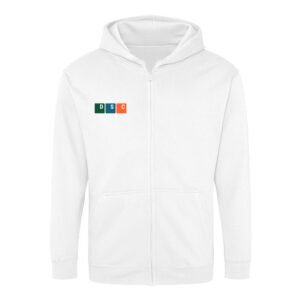 DSC Zip-Hoodie Classic in Weiß, mit Reißverschluss vorne, zwei Vordertaschen und einem kleinen Logo auf der linken Brust mit vier farbigen Quadraten, auf denen jeweils ein weißer Buchstabe zu sehen ist: D (grün), S (türkis), S (schwarz) und C (orange).