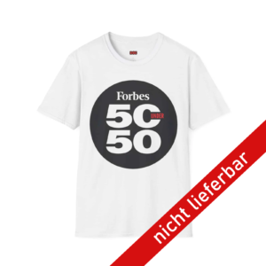 Das „50under50“-Unisex-T-Shirt in Weiß zeigt das „50 under 50“-Logo in einem schwarzen Kreis, über dem auf der Vorderseite ein rotes Band mit der Aufschrift „nicht lieferbar“ verläuft, was darauf hinweist, dass es nicht erhältlich ist.
